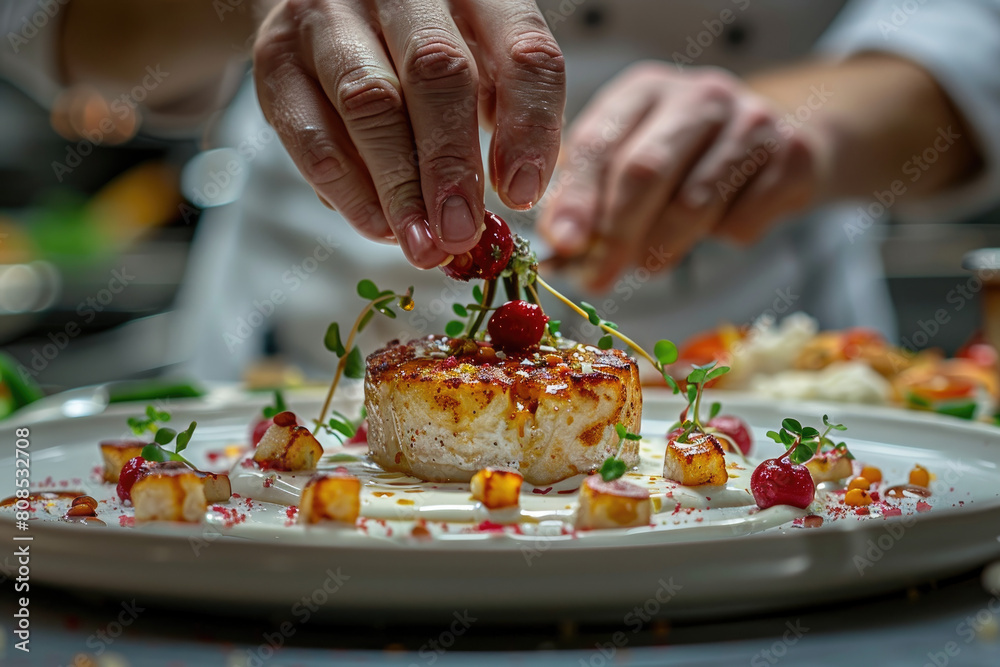 A chef is carefully plating an elegant dish, with the focus on their hands delicately adding fresh tomatoes and herbs to a perfectly grilled half-stork roll that rests atop a colorful mixed salad. 