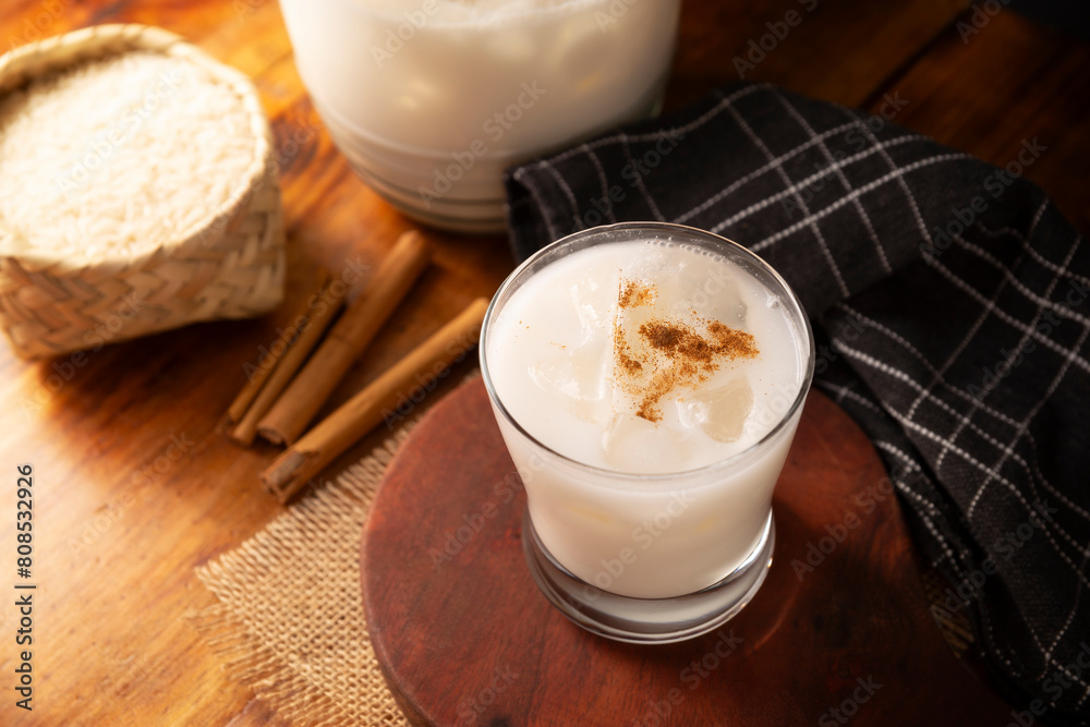Horchata water. Also known as horchata de arroz, it is one of the traditional fresh waters of Mexico, it is made with rice and cinnamon. Traditionally prepared in a container called Vitrolero. Horchata water. Also known as horchata de arroz, it is one of the traditional fresh waters of Mexico, it is made with rice and cinnamon. Traditionally prepared in a container called Vitrolero.