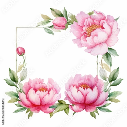 peony themed frame or border for photos and text. watercolor illustration  Perfect for nursery art  simple clipart  single object  white color background. for design card  postcard  textile  flyer.