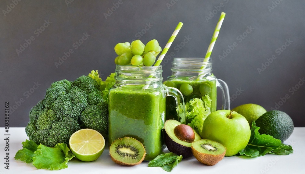 Glass jar mugs with green health smoothie, kale leaves, lime, apple, kiwi, grapes, banana, avocado, lettuce. Copy space. Raw, vegan, vegetarian, alkaline food concept. Glass jar mugs with green health smoothie, kale leaves, lime, apple, kiwi, grapes, banana, avocado, lettuce. Copy space. Raw, vegan, vegetarian, alkaline food concept.