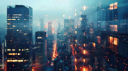 Ultrarealistic 3D render of a bustling cityscape at twilight  showcasing glowing skyscrapers with reflective glass facades  ideal for architectural visualizations with double exposure of business grap