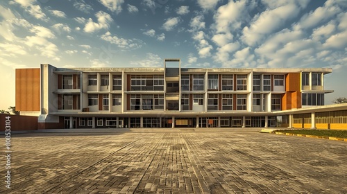 Classic School Building Exterior with Clear Blue Sky - Educational Institution Architecture Concept