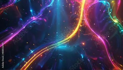 Abstract dark space illustration with glowing light streaks and stars