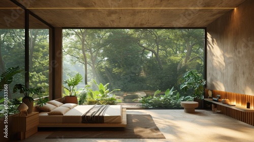 Ultra-detailed 3D rendering of a minimalist bedroom with a tranquil, Zen-like atmosphere, amplified by the expansive view of a dense, tranquil forest. © G.Go