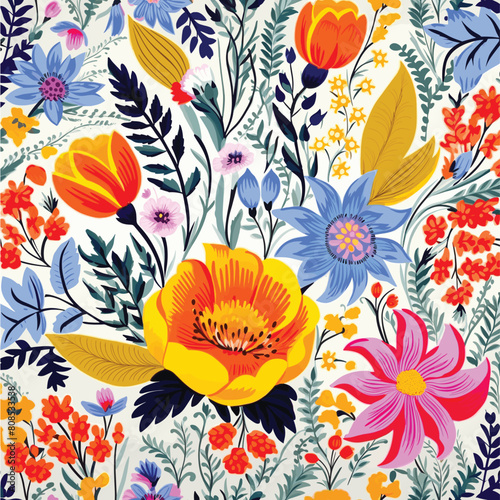 Colorful floral pattern featuring vibrant blooms foliage. Large yellow poppy pink flower dominate design amidst blue blossoms  green leaves. Ideal fabrics  wallpapers  stationery