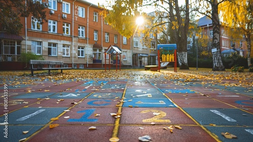 Colorful Fall Evening at School: Playground Fun with Hopscotch © Nazia