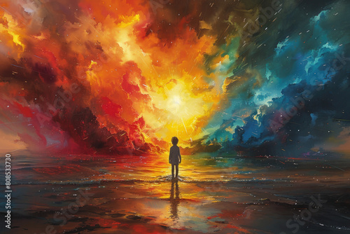  A boy standing in the middle of an explosion, rainbow colors, a watercolor painting in the style of surrealistic and ethereal cinematic lighting. Created with Ai