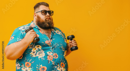 A very fat man wearing colorful and holding dumbbells in his hands is working out on a yellow background photo