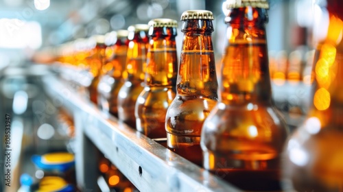 close up Beer bottles on a conveyor belt