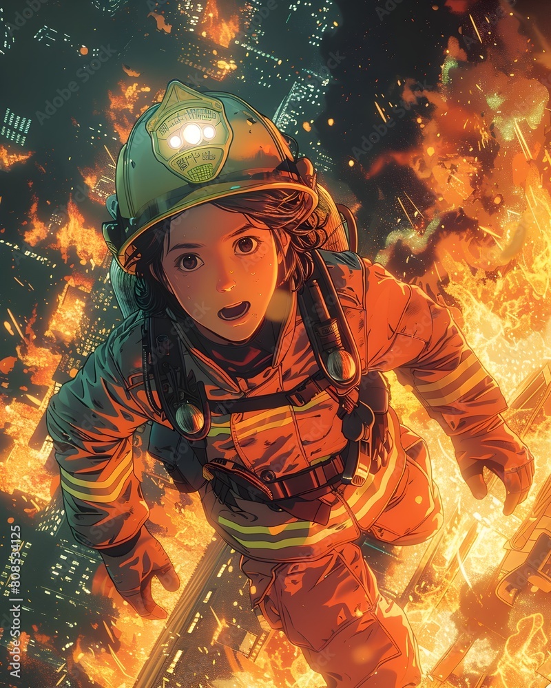 Heroic Firefighter Leaps from Burning Building in Dramatic Anime Inspired