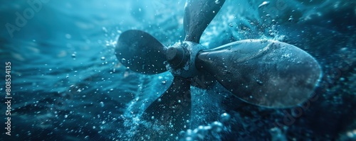 Close up propeller of big ship underway from underwater