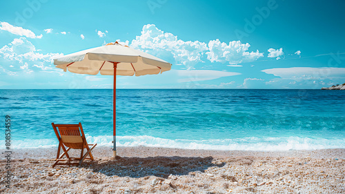 Beach chairs and umbrella on white sand with blue sky background  summer vacation concept banner for copy space
