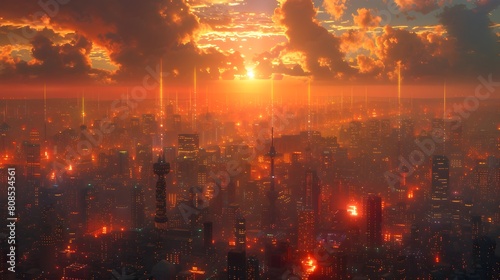 Dramatic Sunset Over Futuristic Cityscape Skyline