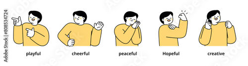 oy upper body character expressing 5 different emotions - Set 3. Simple outline vector illustration.