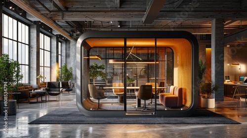 Ultra-detailed 3D rendering of a glass-enclosed meeting pod within an open office, offering soundproofing, ambient lighting, and a transparent, inclusive feel.