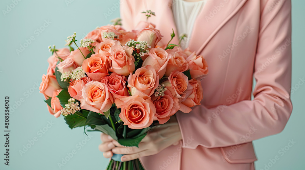 Close-up of a woman wearing pink suit with a big bouquet of roses Close-up of a woman wearing pink suit with a big bouquet of roses