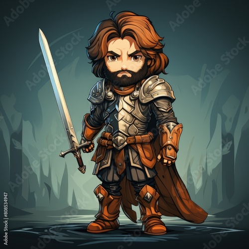 A simplistic cartoon comic medieval character holding a sword flat vector illustration style
