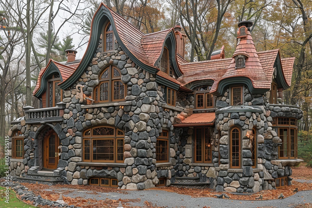 Fototapeta premium Enchanting Whimsical Cottage: Intricate Carved Architecture in Verdant Meadow