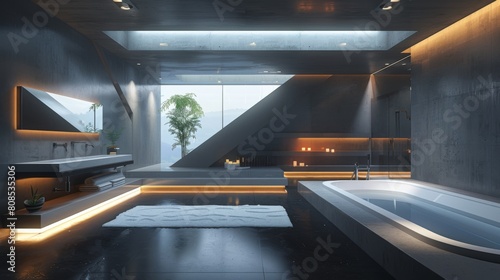 Ultra-detailed 3D rendering of a contemporary bathroom with sleek surfaces  angular designs  and multi-layered lighting schemes for a futuristic look.