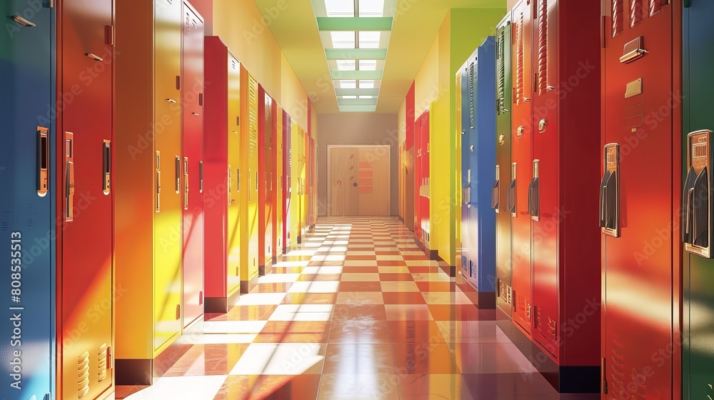 Vibrant School Corridor Scene with Lockers - Modern 3D Illustration of Educational Environment Vibrant School Corridor Scene with Lockers - Modern 3D Illustration of Educational Environment