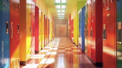 Vibrant School Corridor Scene with Lockers - Modern 3D Illustration of Educational Environment