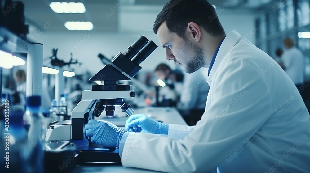 Scientist researching with microscope in a high-tech lab Scientist researching with microscope in a high-tech lab