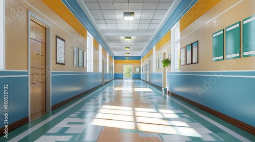 Spacious School Hallway Interior with Bright Lighting - 3D Illustration of Educational Environment