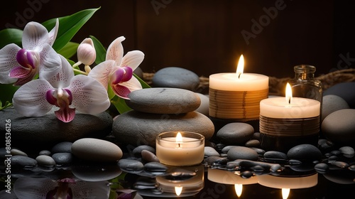 Spa wellness design with stones in water, surrounded by candles and flowers for relaxation