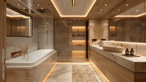 Ultra-detailed 3D rendering of a bathroom featuring a layered lighting design that includes task lights over the vanity and ambient lights in the ceiling.