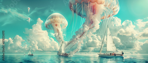 there are two boats in the water with jellyfishs floating in the sky
