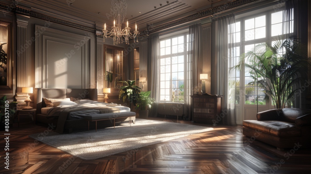 Ultra-detailed 3D illustration of an epic wide shot of a Bauhaus-inspired bedroom with clean lines, a metal chandelier, and rich wooden flooring bathed in ambient light. Ultra-detailed 3D illustration of an epic wide shot of a Bauhaus-inspired bedroom with clean lines, a metal chandelier, and rich wooden flooring bathed in ambient light.