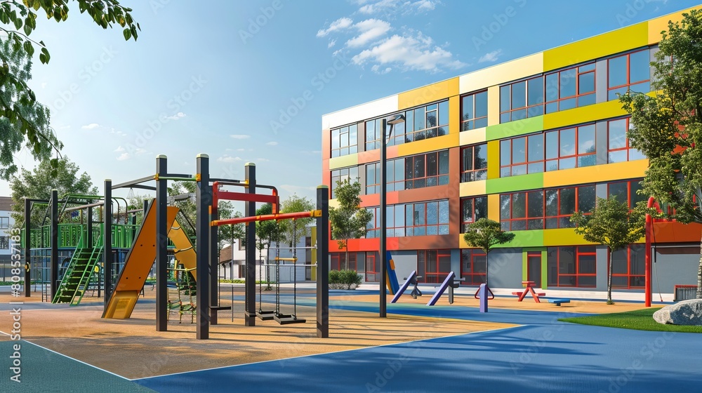 Vibrant Children's Fitness Playground and Gymnastic Equipment Set Against Modern School Building Vibrant Children's Fitness Playground and Gymnastic Equipment Set Against Modern School Building