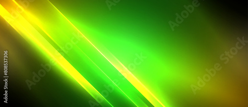 A neon green and yellow background featuring a glowing electric blue diagonal line. The design includes magenta accents, terrestrial plant patterns, and graphic art elements