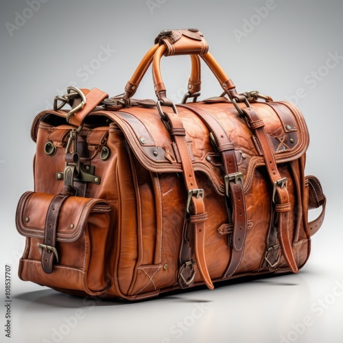 a brown leather bag on light background