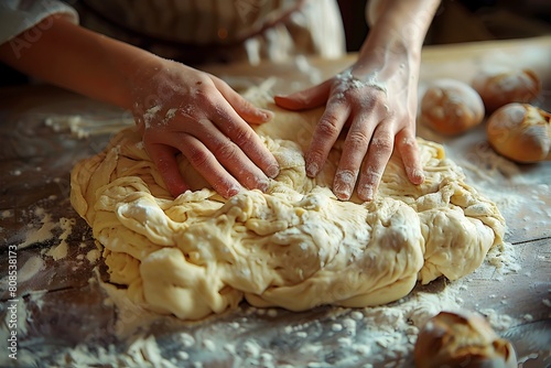 Hands Kneading Dough in Rustic Countryside Kitchen with Scenic Rolling Hills Backdrop Inspired by