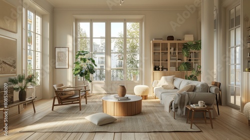 Realistic 3D rendering of a Scandinavian-inspired living room  featuring light wood floors  soft textures  and a muted color scheme.