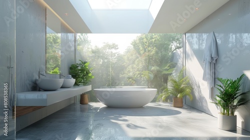 Realistic 3D rendering of an ultra-modern bathroom with floor-to-ceiling windows and a skylight that floods the space with natural light.