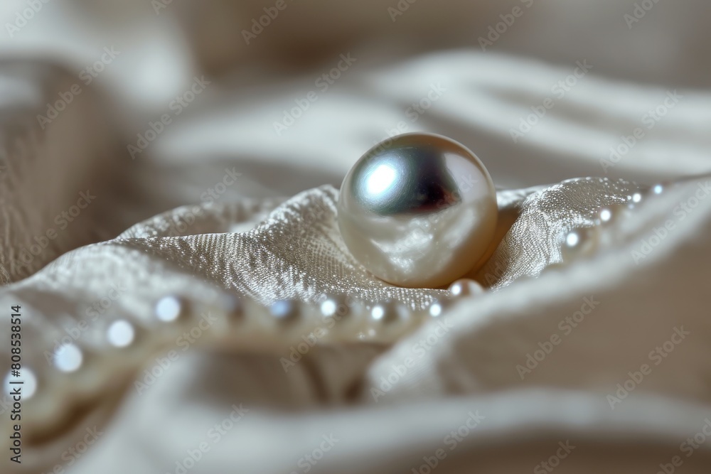 Smooth and glossy texture of pearl, pearl on a white satin background. The pearl is round, Ai generated Smooth and glossy texture of pearl, pearl on a white satin background. The pearl is round, Ai generated