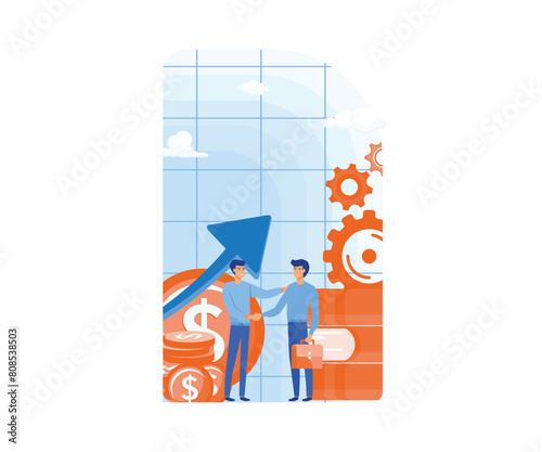 Business porters a successful team. The investor holds money in ideas. financing of creative projects. flat vector modern illustration
