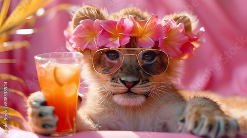 Colorful animal illustration. Cute lion cub chilling at swimming pool, wearing hawaiian flower wreath sunglasses cocktail, cool hipster on summer holiday.