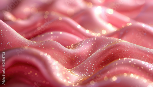 A closeup of pink silk fabric with golden sparkles  flowing in the wind  creating an enchanting and dreamy atmosphere. Crated with Ai