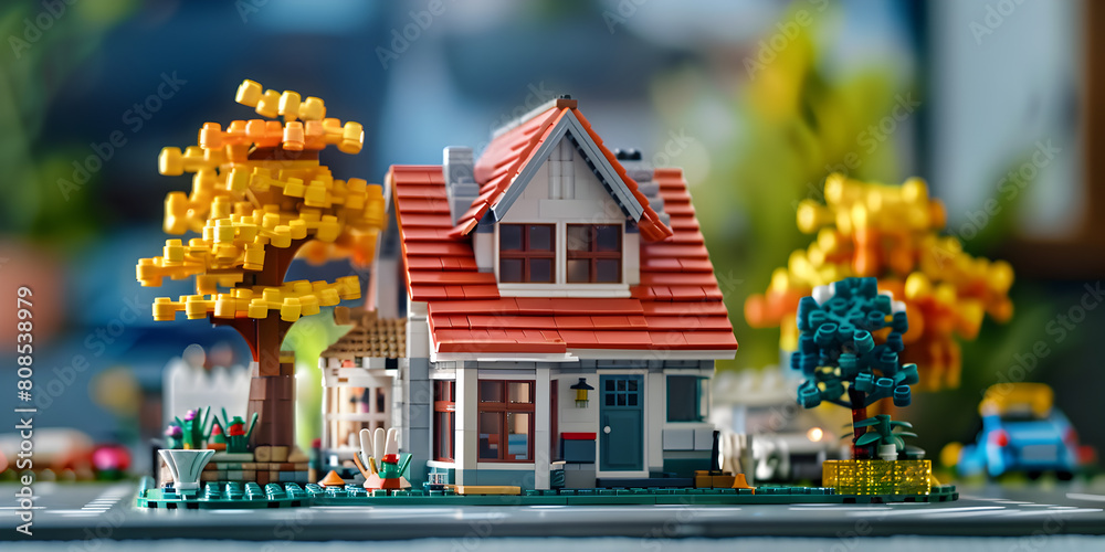 Naklejka premium Miniature Lego house model world of construction comes to life as a person guides a yellow train through a Lego track, surrounded by scale model buildings and outdoor construction equipment