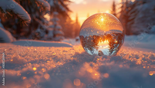 Beautiful sunset in the winter forest, snowcovered ground and glass Christmas ball with light reflection on it. Created with Ai