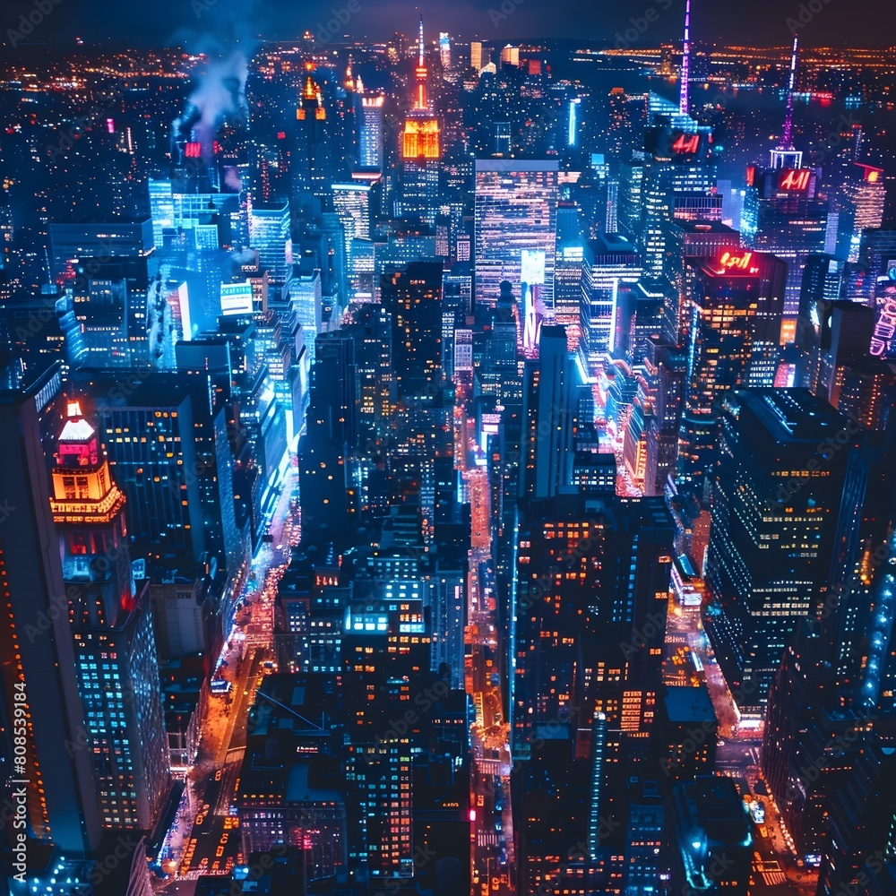 Bustling Metropolis Skyline Illuminated by Vibrant Neon Lights at Night from Aerial Drone