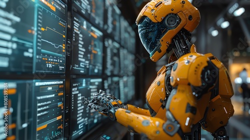 An android wearing a yellow spacesuit is analyzing financial data on a futuristic multi-screen display.