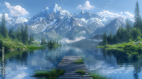 Majestic Mountain Lake with Weathered Wooden Dock Reflecting Towering Snow Capped Peaks and Lush