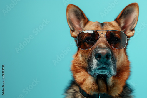 close up of a dog Portrait with copyspace, text area, funny pet animals, dog wearing sunglasses © Qurat
