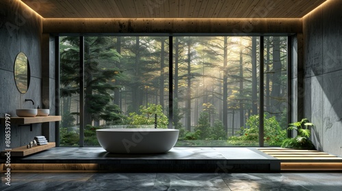 Realistic 3D image of a sleek bathroom with minimalist fixtures and a panoramic window providing a calming view of an evergreen forest.