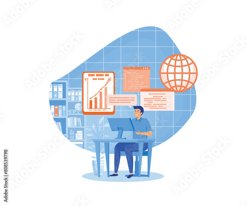 Man working with big data and databases, using laptop and excel tables. Office worker making analysis and report with spreadsheets on computer. flat vector modern illustration