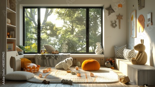 Realistic 3D image of a Scandinavian playroom with child-friendly design and a black window overlooking a forest clearing.